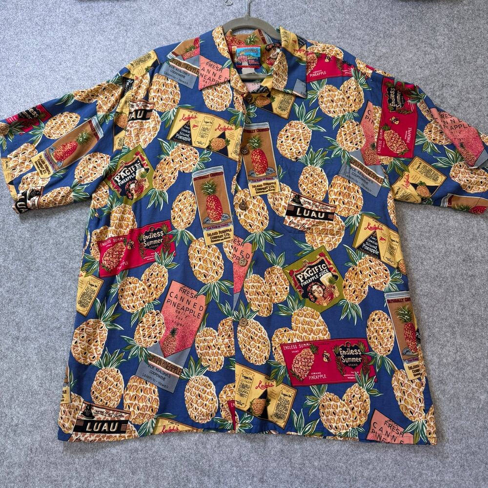 Reyn Spooner Joe Kealoha's Pineapple Hawaiian Shirt Rayon Blue Aloha Mens XL XXL